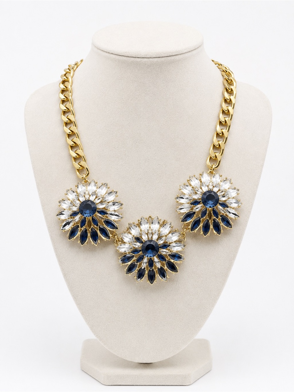 Gold-Tone Floral Statement Necklace with Blue and Clear Crystals